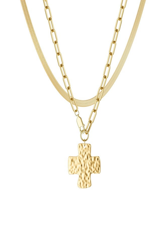 Moodear Cross Necklace for Women Trendy Layered 14K Gold Plated Chunky Statement Crucifix Pendant Charm Necklaces Paperclip Chain Herringbone Choker Jewelry Gift - Image 1